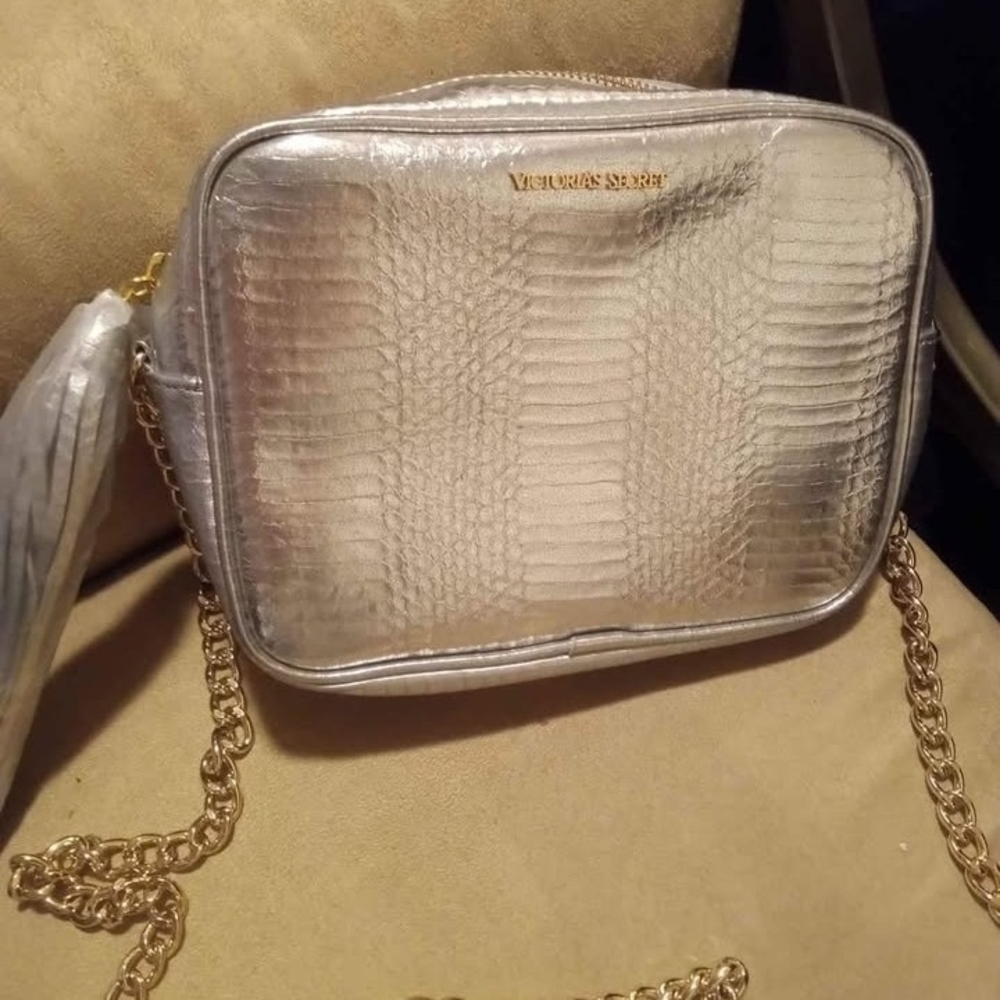 NWT Victoria's Secret Metallic Silver Snake Embossed Crossbody Bag
